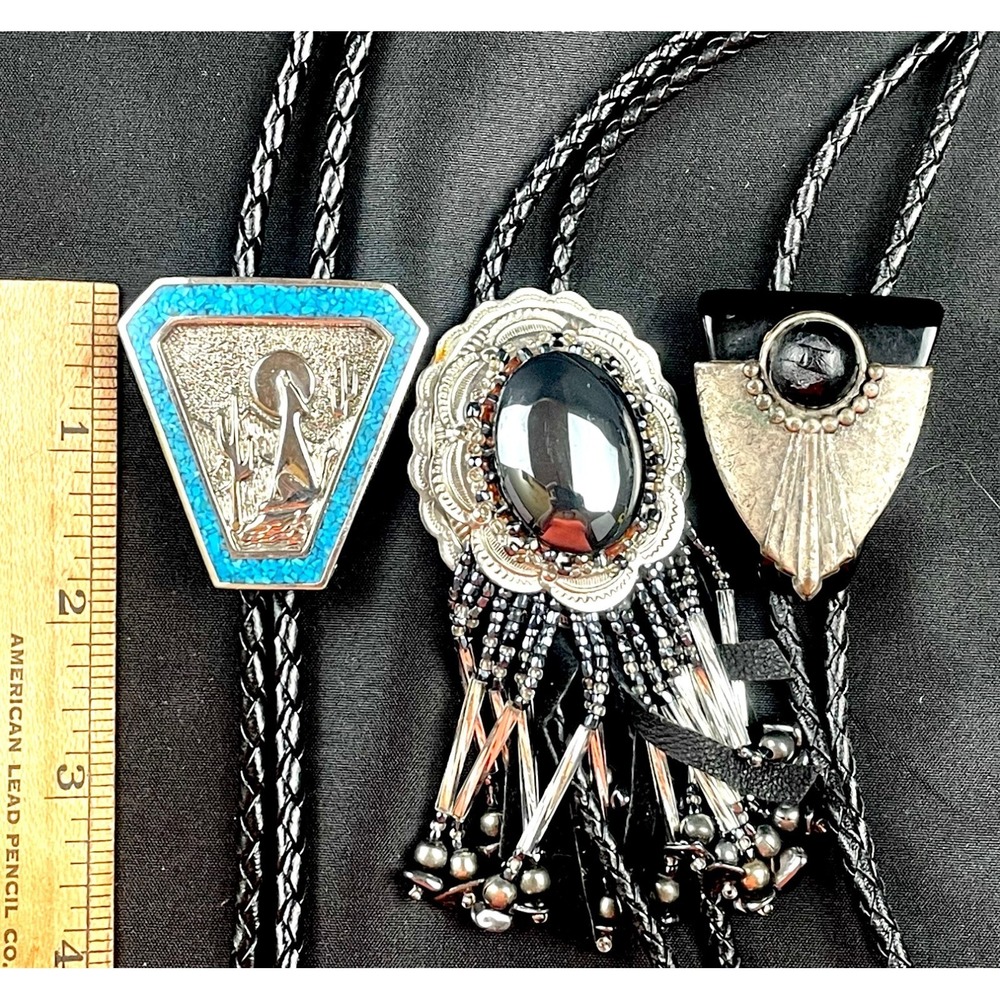 Western Bolo Tie Lot of 5- Bennett Abalone Turquoise Inlay Coyote - Picture 5 of 7